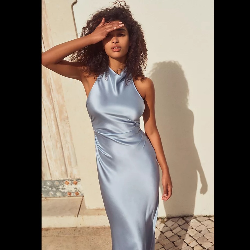 Reformation Backless Satin Dress in Light Blue
